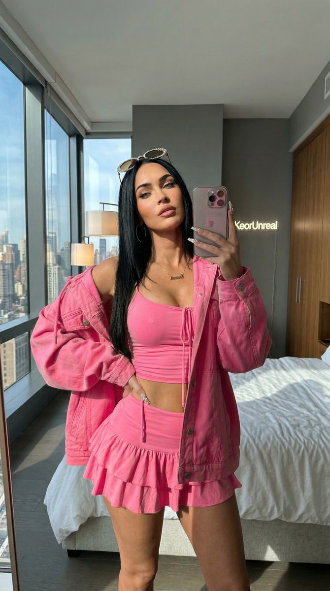 "超逼真的业余镜面自拍,照片中的 megan fox 使用 iPhone 15 Pro Max 拍摄,位置紧邻落地窗,原片风格,8K 画质,对…, 图片 1