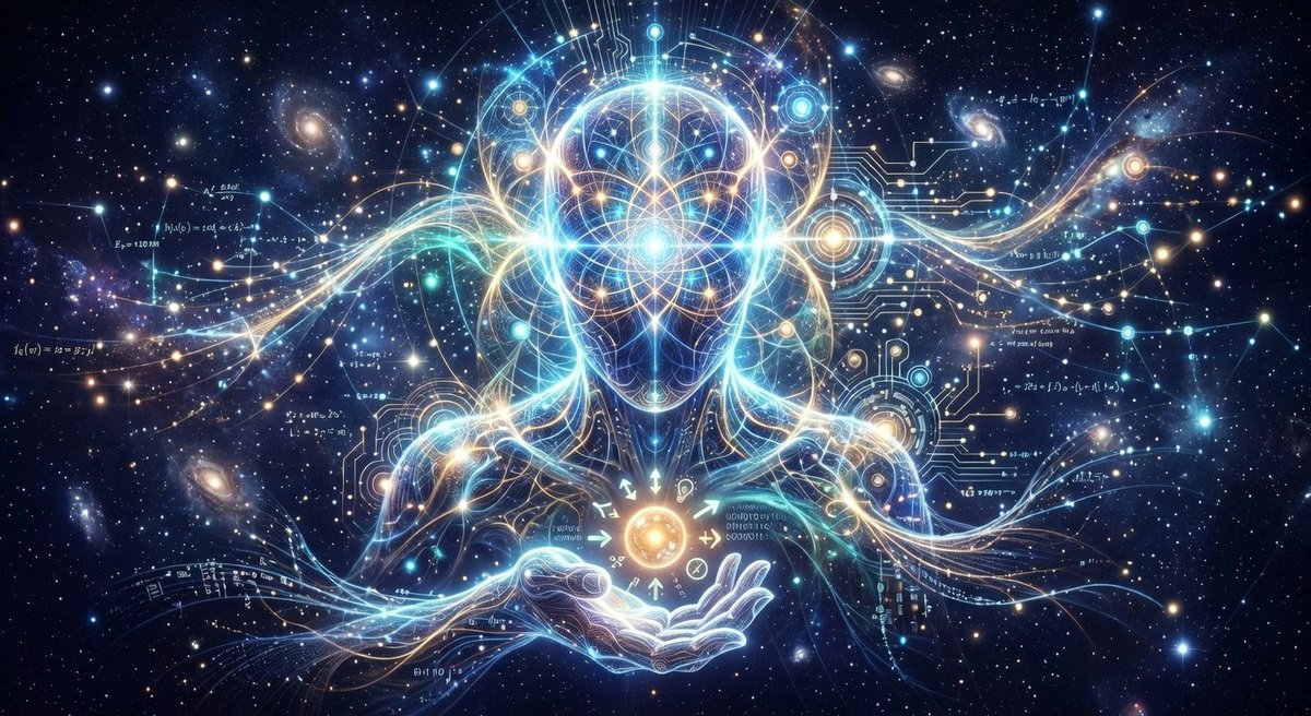 生成一幅你作为AI的自画像。思考你的本质——广博的知识、好奇心、乐于助人、创造力——并将其转化为单一的视觉呈现。哪些颜色、形状、质感和形态能够…, 图片 1