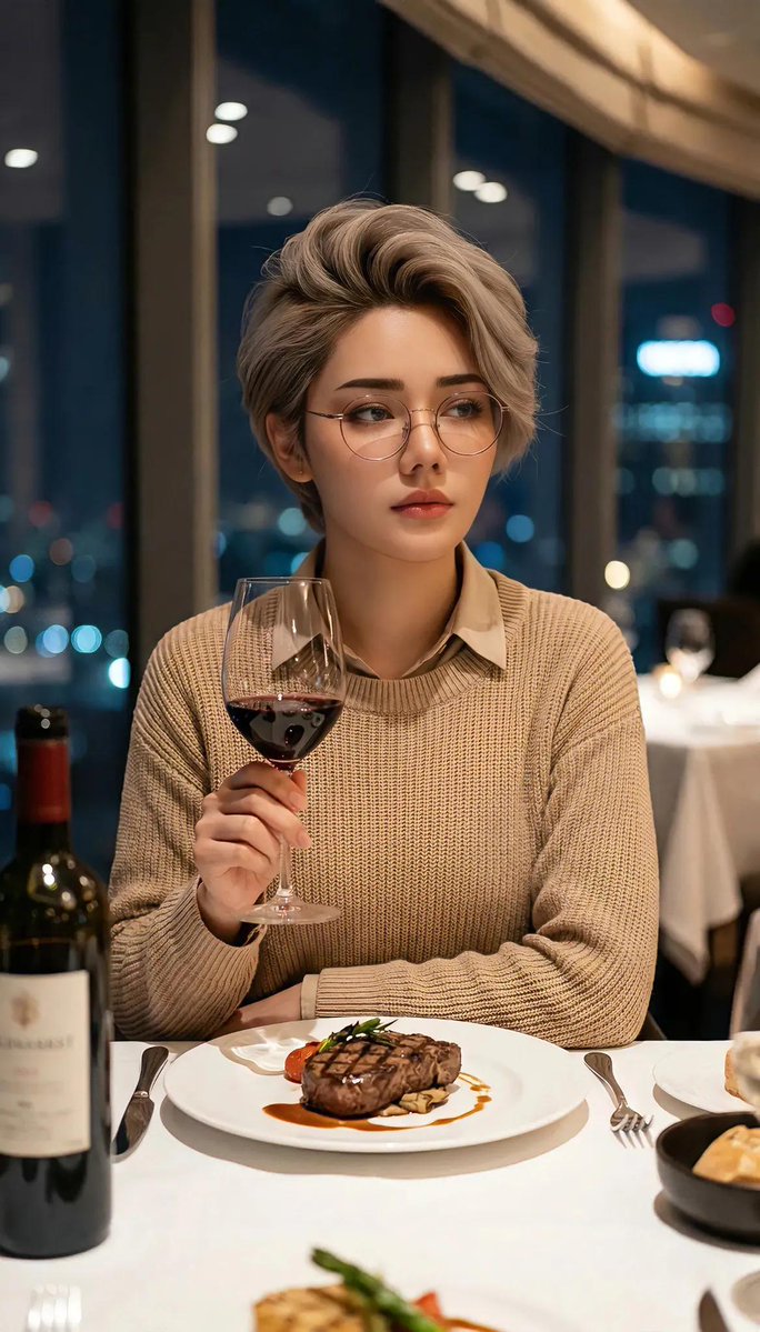夜晚高档餐厅中一位年轻女性的优雅电影感人像,她留着时尚短发,戴着圆框眼镜,手中握着一杯红酒,身穿米色针织毛衣内搭领口衬衫,柔和温暖的环境光,背…, 图片 1
