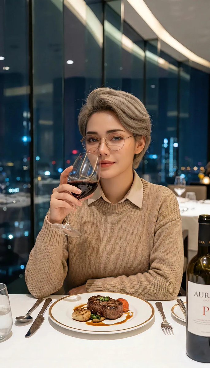 夜晚高档餐厅中一位年轻女性的优雅电影感人像,她留着时尚短发,戴着圆框眼镜,手中握着一杯红酒,身穿米色针织毛衣内搭领口衬衫,柔和温暖的环境光,背…, 图片 2