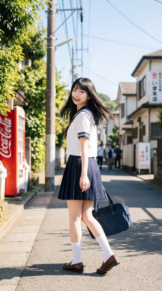 【角色】:19岁中国顶级JK少女,甜美外表中透着清纯又撩人的魅力,深棕色大眼睛,白皙通透的肌肤,深黑色顺滑姬发式长发在风中飘动。【服装】:经典…, 图片 1