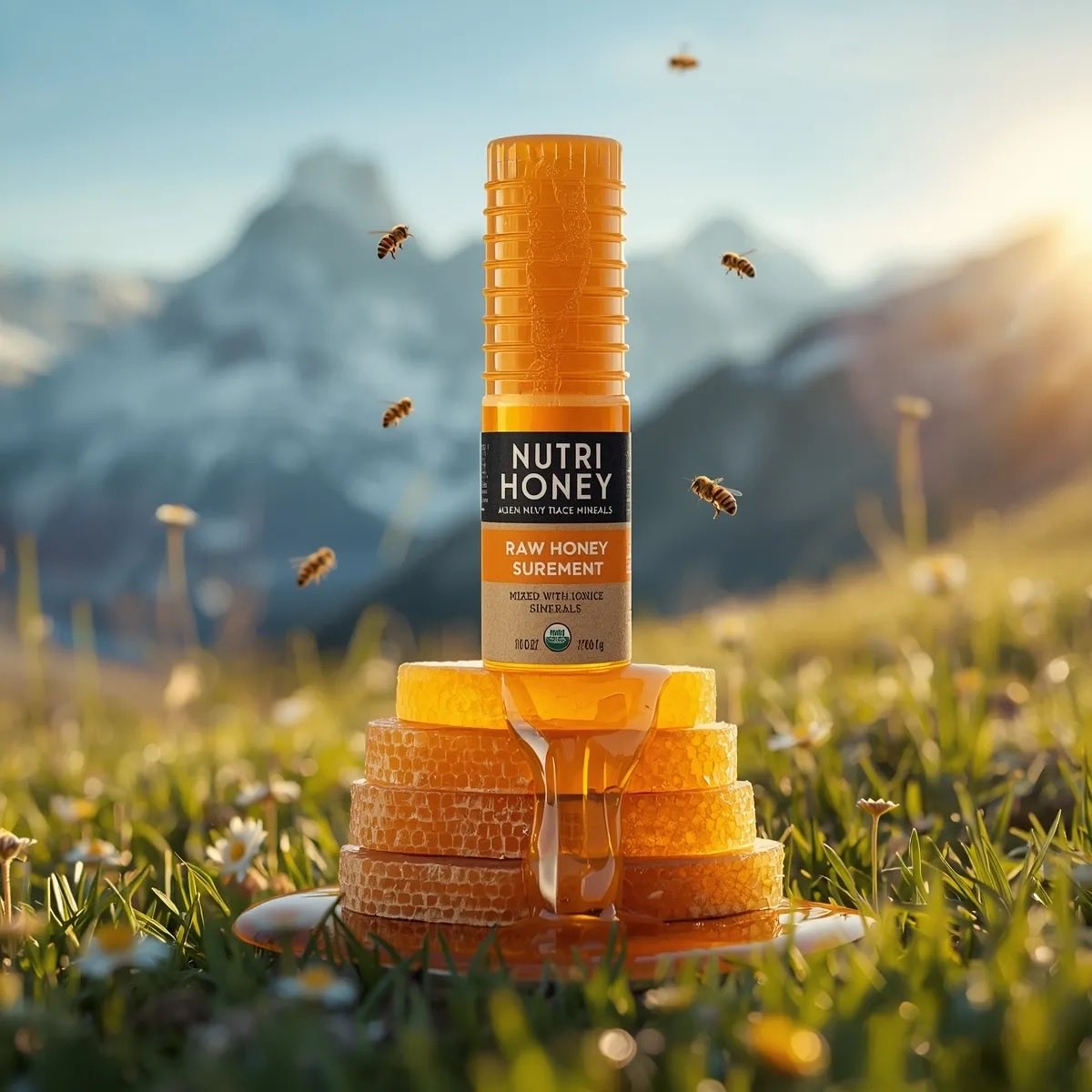 超现实主义的产品摄影:一个金色的蜂蜜瓶,标签上写着“Nutri Honey”,放置在堆叠的蜂巢片上,位于郁郁葱葱的绿色草地上,周围环绕着新鲜的…, 图片 1
