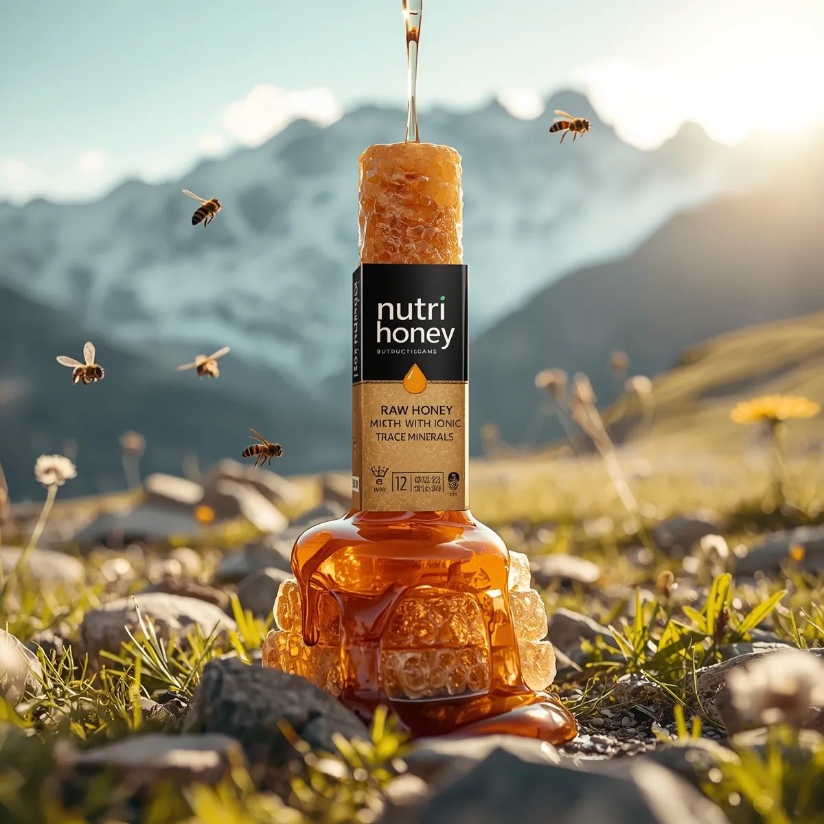超现实主义的产品摄影:一个金色的蜂蜜瓶,标签上写着“Nutri Honey”,放置在堆叠的蜂巢片上,位于郁郁葱葱的绿色草地上,周围环绕着新鲜的…, 图片 2