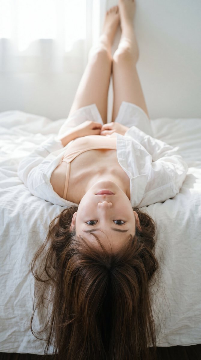【角色】:日本女孩,20岁,面容空灵甜美,皮肤白皙透亮。她深棕色的眼睛带着梦幻恍惚的神情,在倒置的状态下直视镜头。丝滑的长发如水般垂落而下。, 图片 1