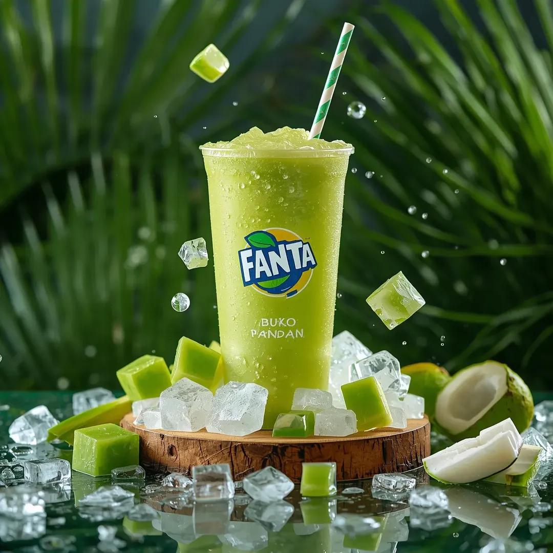 在热带海滩上一张风化的木质桌面上,直立放置一罐冰镇的 FANTA – Buko Pandan 柠檬风味的罐装饮品,呈现出超写实的静物生活方式产…, 图片 2
