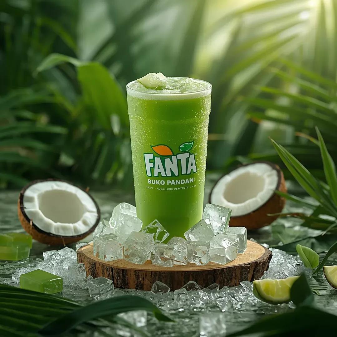 在热带海滩上一张风化的木质桌面上,直立放置一罐冰镇的 FANTA – Buko Pandan 柠檬风味的罐装饮品,呈现出超写实的静物生活方式产…, 图片 3