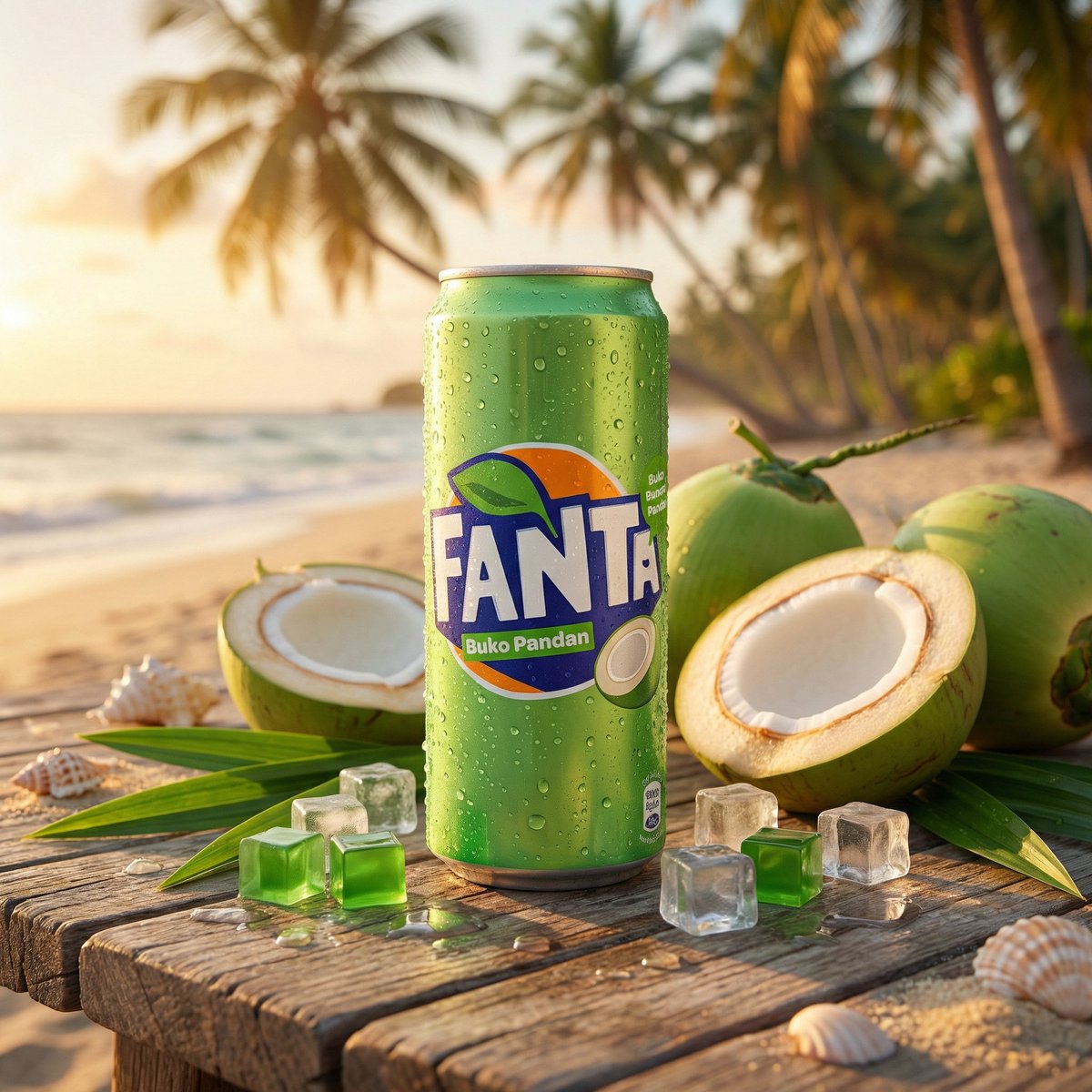 在热带海滩上一张风化的木质桌面上,直立放置一罐冰镇的 FANTA – Buko Pandan 柠檬风味的罐装饮品,呈现出超写实的静物生活方式产…, 图片 4