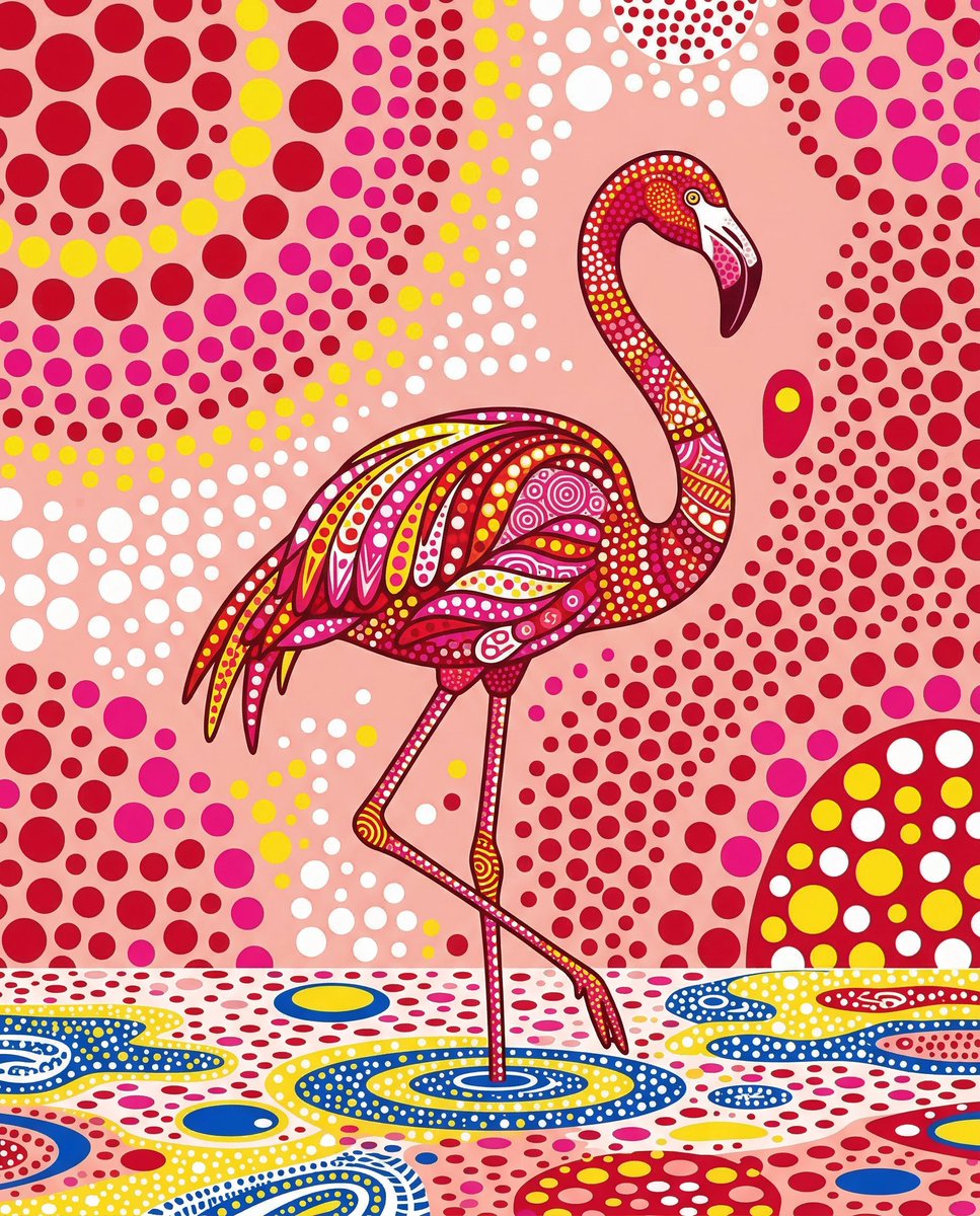 一只优雅的火烈鸟独自伫立在浅水中,以草间弥生(Yayoi Kusama)的独特风格呈现,覆盖着密集的波点和大胆的重复图案,运用红色、粉色、白色…, 图片 1