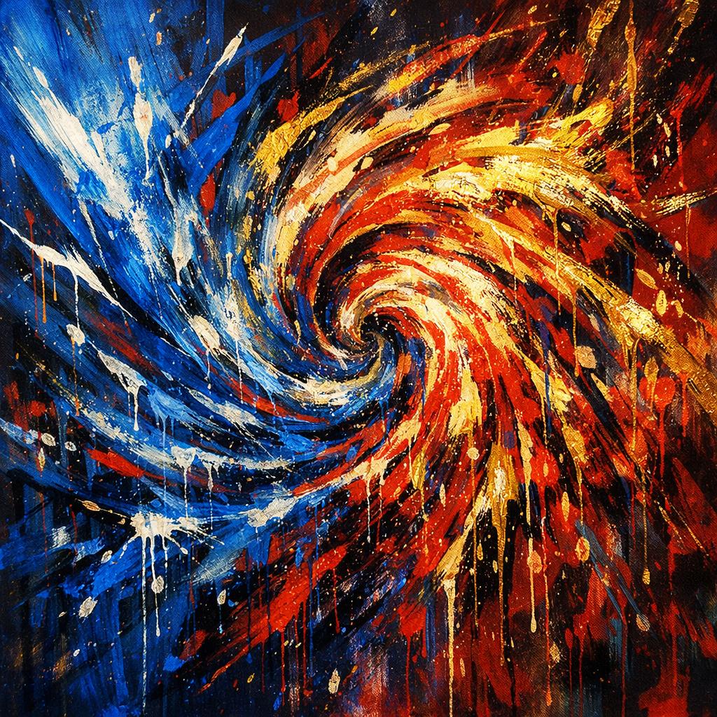 A swirling vortex of abstract art explodes across the canvas in a bold palette …
