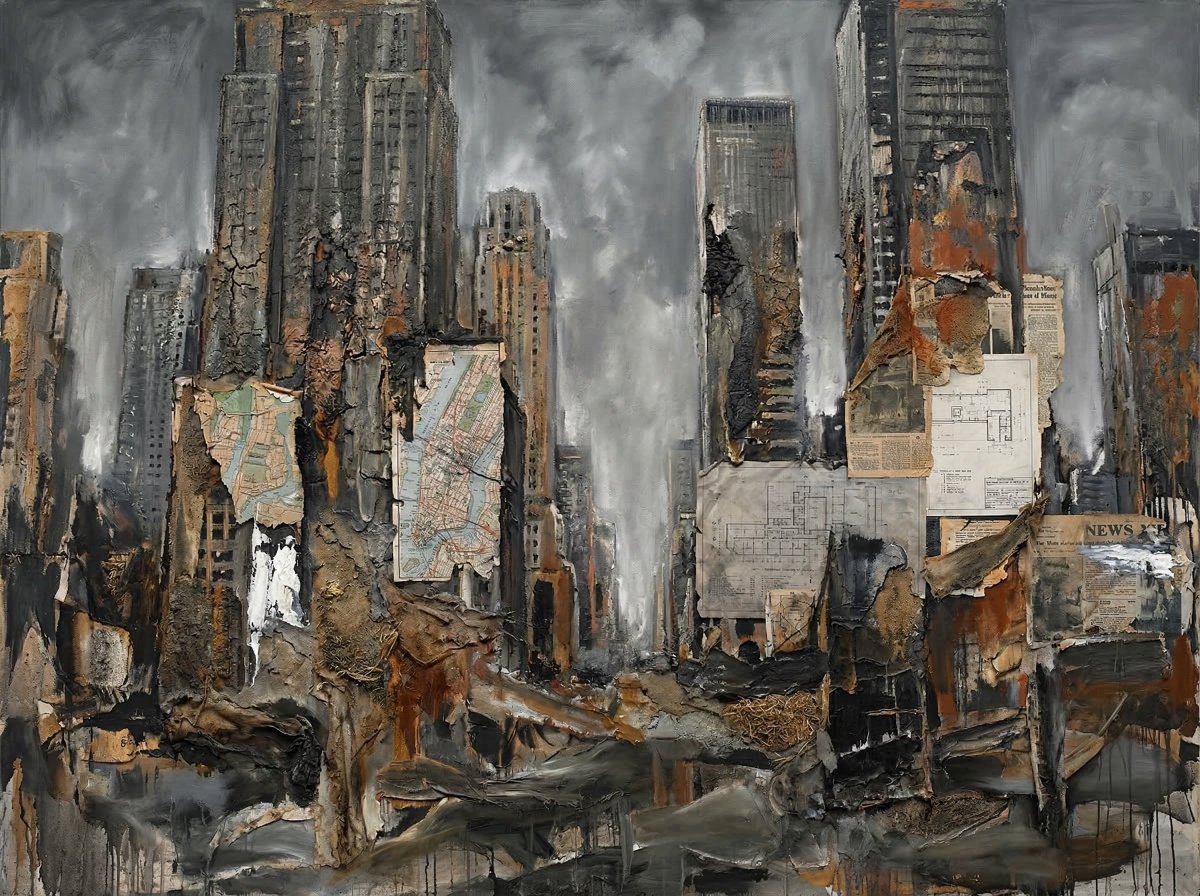 抽象的纽约市摩天大楼，以安塞姆·基弗（Anselm Kiefer）的艺术风格呈现为一座宏伟、风化的城市景观，高耸的粗野主义高层建筑消融于质感厚…, 图片 1