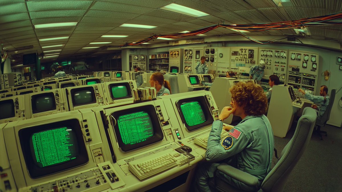 [一座公共图书馆被重新构想为1982年的美国国家航空航天局(NASA)指挥中心,一排排带有绿色荧光文本的CRT(阴极射线管)终端取代了卡片目录…, 图片 1