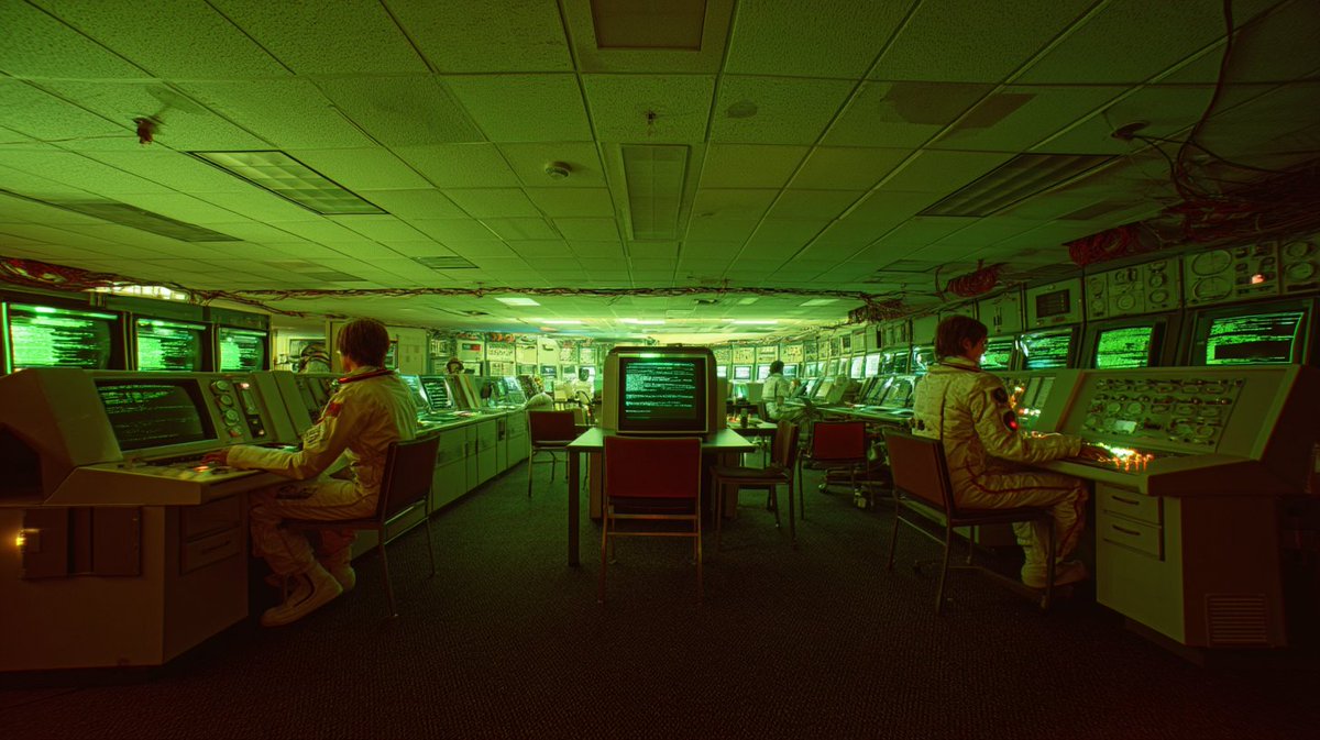 [一座公共图书馆被重新构想为1982年的美国国家航空航天局(NASA)指挥中心,一排排带有绿色荧光文本的CRT(阴极射线管)终端取代了卡片目录…, 图片 2
