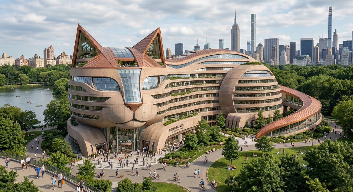 设计一座外形像（一只猫）的标志性建筑的逼真效果图。建筑结构应清晰地呈现出（一只猫）的形态，融入建筑设计之中，同时仍作为一栋真实的商业建筑使用。…, 图片 1