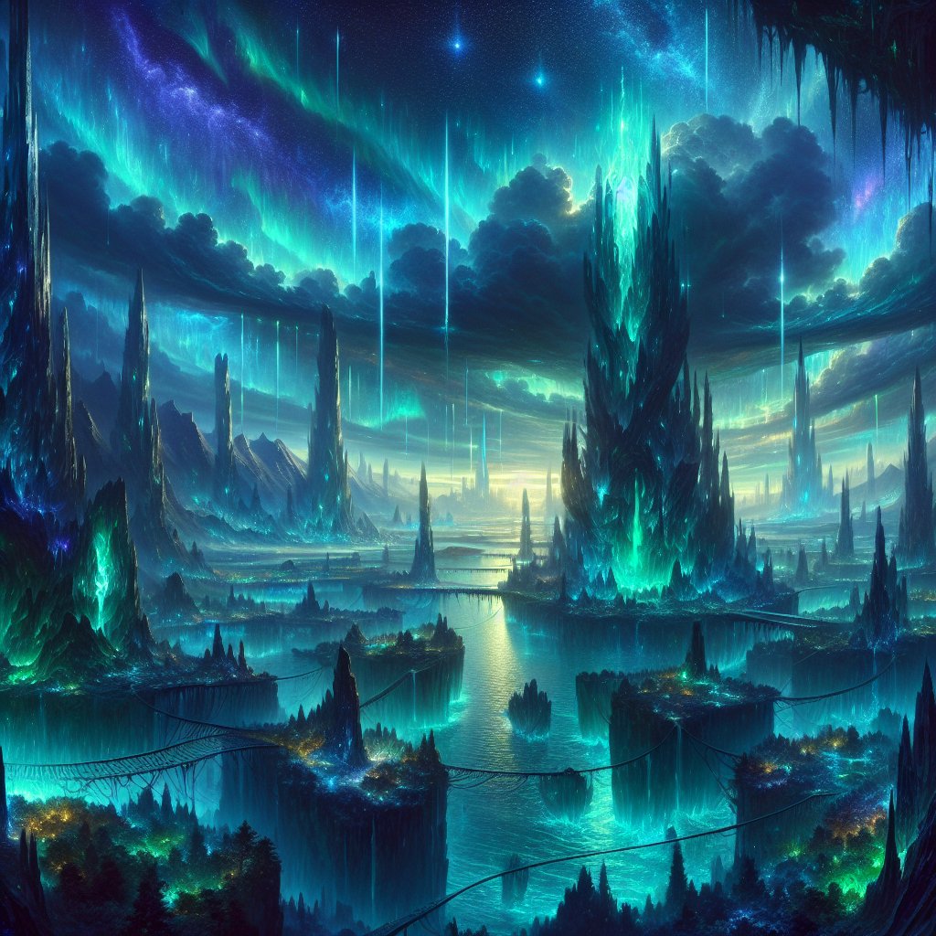 一片广袤空灵的奇幻景观在黄昏时分展开，高耸的水晶尖塔刺破深靛蓝与翡翠绿交织的极光闪耀的旋涡天空，古老的生物发光……更多内容请参阅替代文本, 图片 1