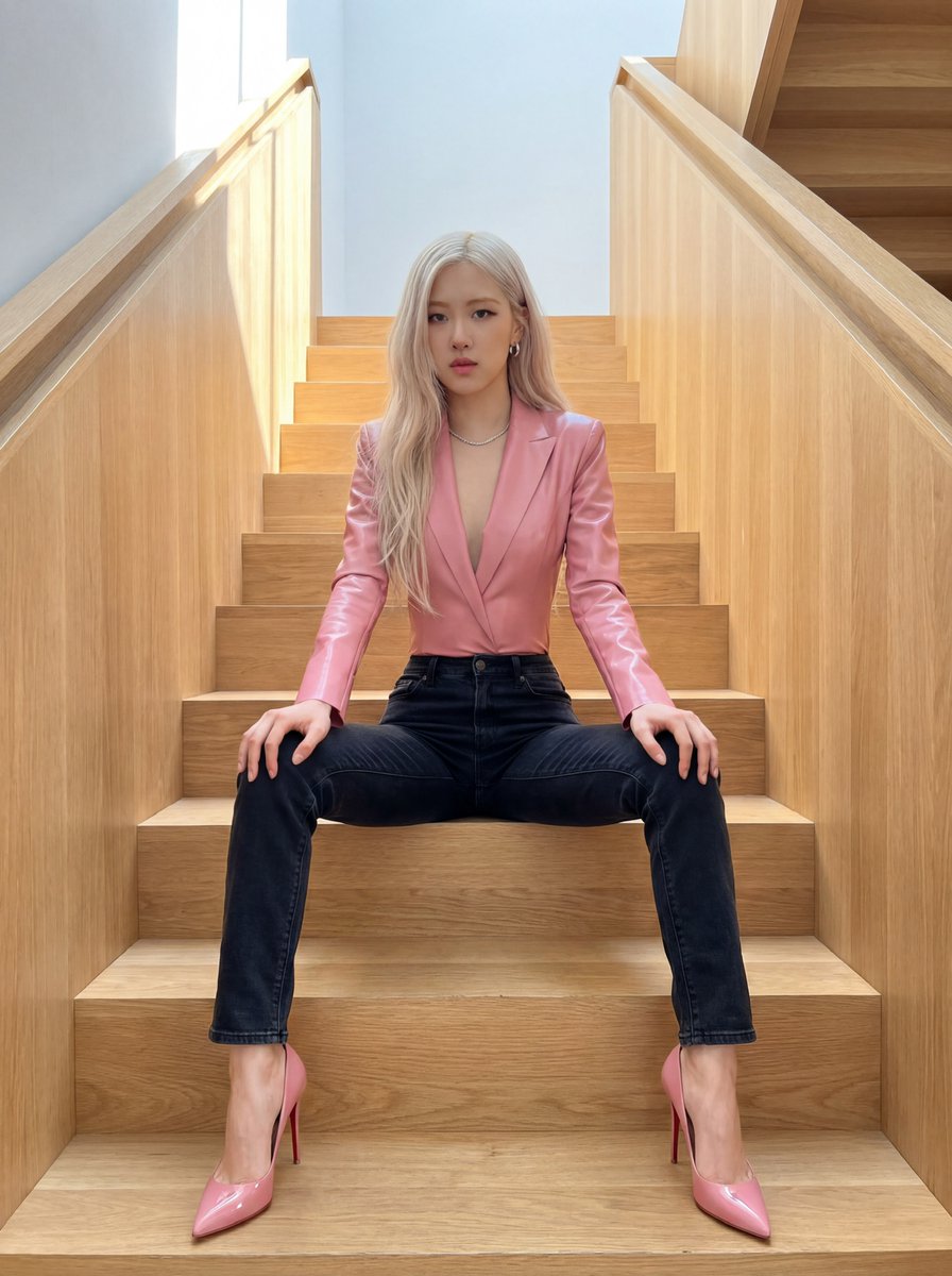 照片级真实感肖像,K-pop偶像Rosé,留着长长的铂金金色头发,坐在现代木质楼梯上。她身穿粉色乳胶深V西装连体衣,脚踩红色鞋底的亮粉色细高跟…, 图片 1