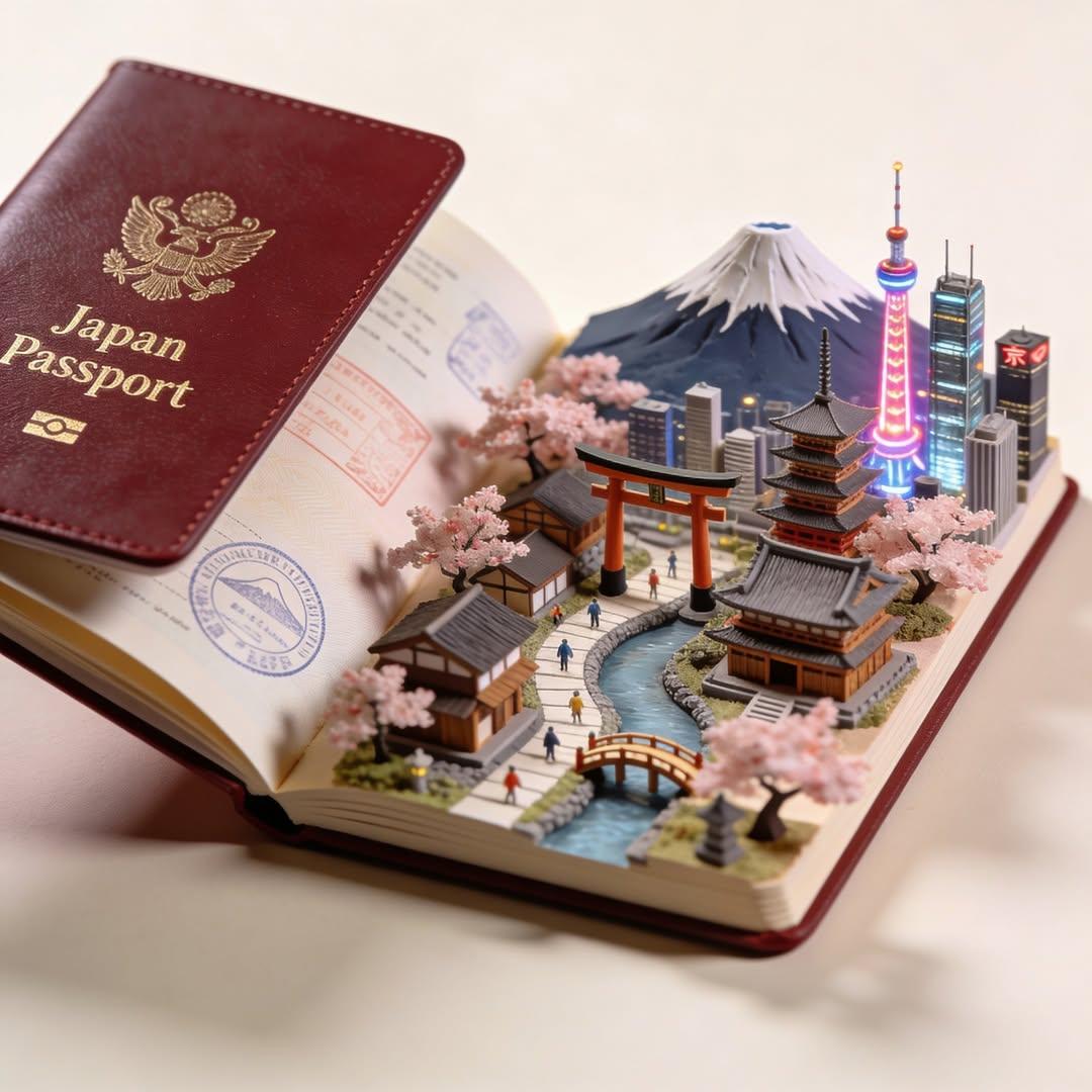 创意旅行概念:一本翻开的护照化作一个微型3D世界,精致的立体模型从书页中浮现,包含标志性建筑与风景(寺庙、塔楼、桥梁、山脉、海滩),微小的人沿…, 图片 1