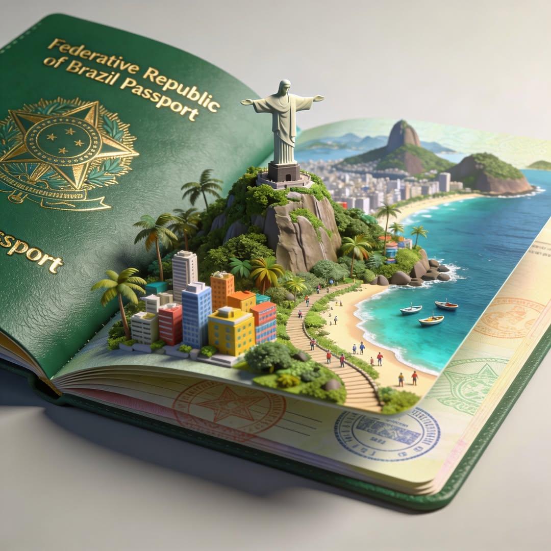创意旅行概念:一本翻开的护照化作一个微型3D世界,精致的立体模型从书页中浮现,包含标志性建筑与风景(寺庙、塔楼、桥梁、山脉、海滩),微小的人沿…, 图片 4