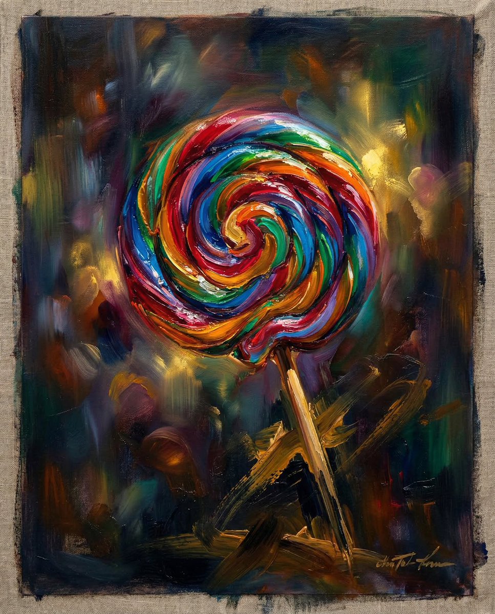 a single swirly lollipop with glossy, saturated colors, rendered in the express…