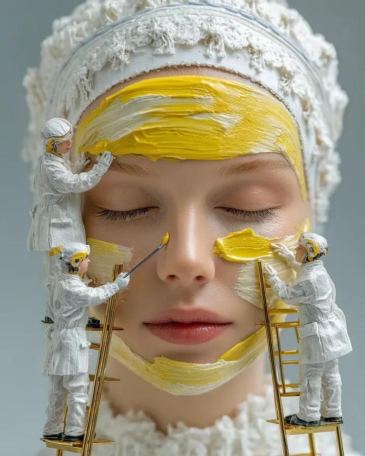 "超现实主义超写实美妆概念图像：一位女性的面部特写，双眼紧闭，肌肤光滑无瑕，头戴质感白色头巾。身着白色防护服的微型人类工人正使用刷子和工具在她…, 图片 1