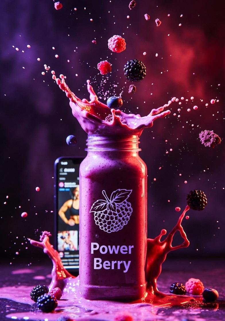 高能量产品摄影：一杯色彩鲜艳的莓果冰沙，盛于贴有 “Power Berry”（能量莓果）标签的玻璃罐中，动感飞溅迸发，周围悬浮着空中的覆盆子、…, 图片 1