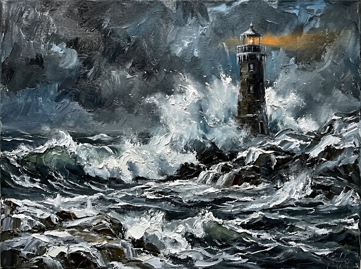厚重浓烈的厚涂法油画，可见强烈而戏剧性的笔触，描绘了严冬深处一座孤零零的灯塔，遭受巨浪猛烈冲击，海浪在灯塔底部炸裂翻腾、绕塔盘旋而上，冰冷的浪…, 图片 1