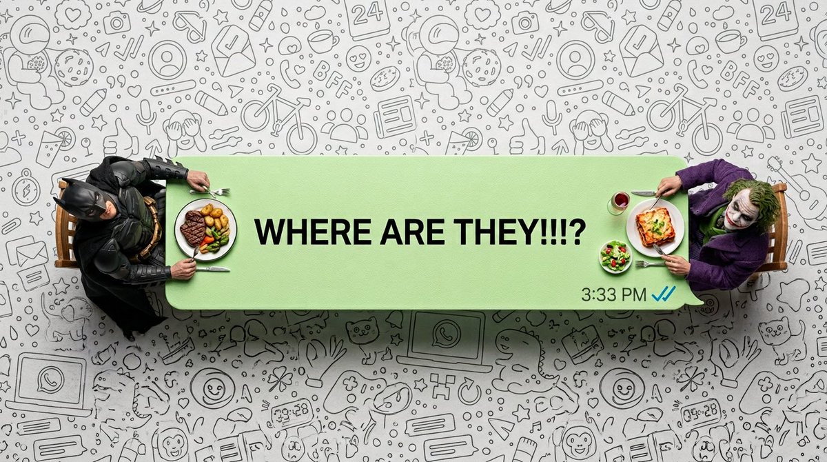 超现实的自上而下宏观摄影。一个细长的浅绿色 WhatsApp 对话气泡充当餐桌。两个真实的活人（缩小到微小比例）坐在两端。它们不是塑料人偶；它…, 图片 1