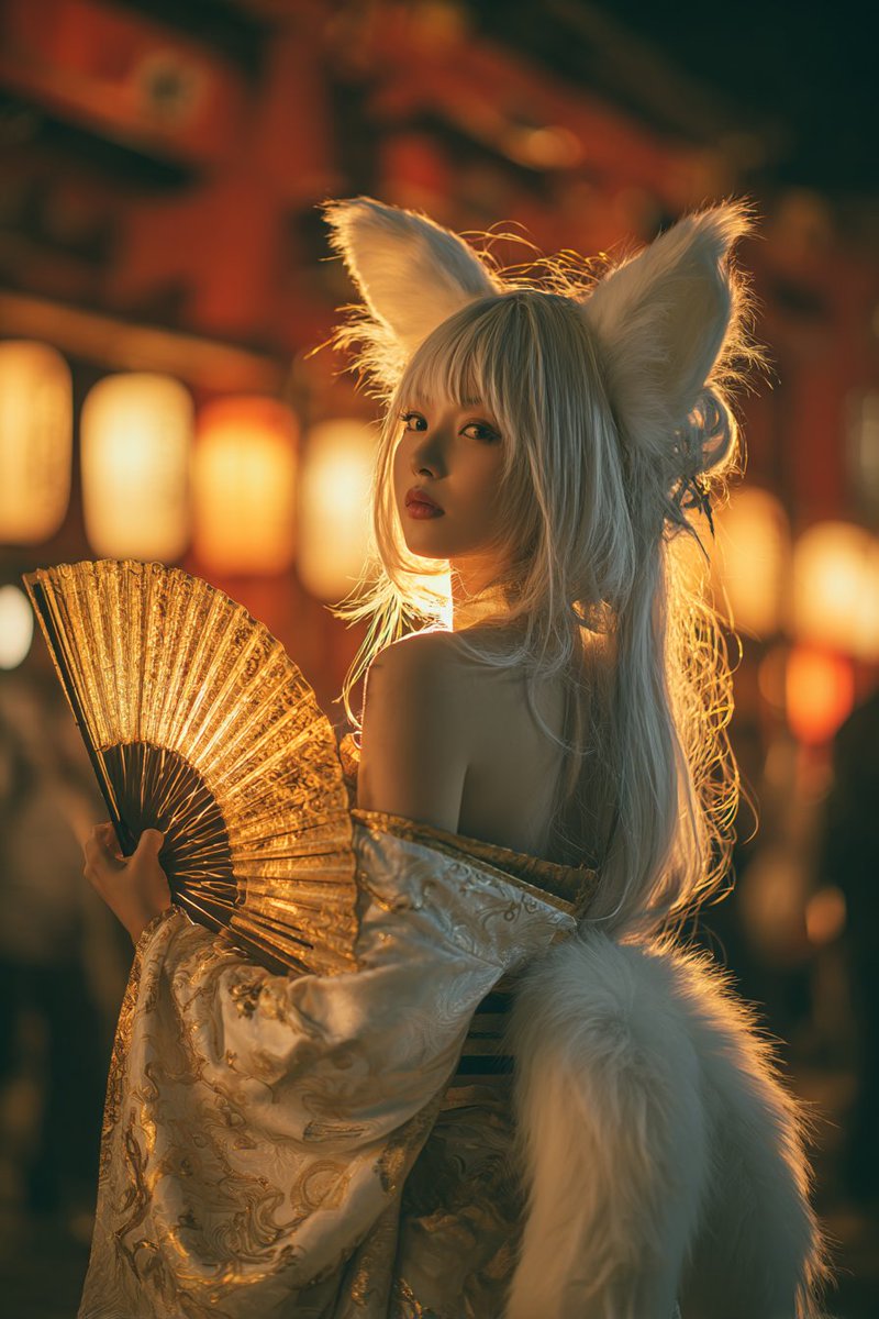 一位美丽的20多岁日本女性,长长的飘逸银白色头发带有金色高光,锐利的金色狐狸眼睛,苍白无瑕的皮肤,白色的狐狸耳朵和多条空灵的白色狐尾,表情神秘…, 图片 1