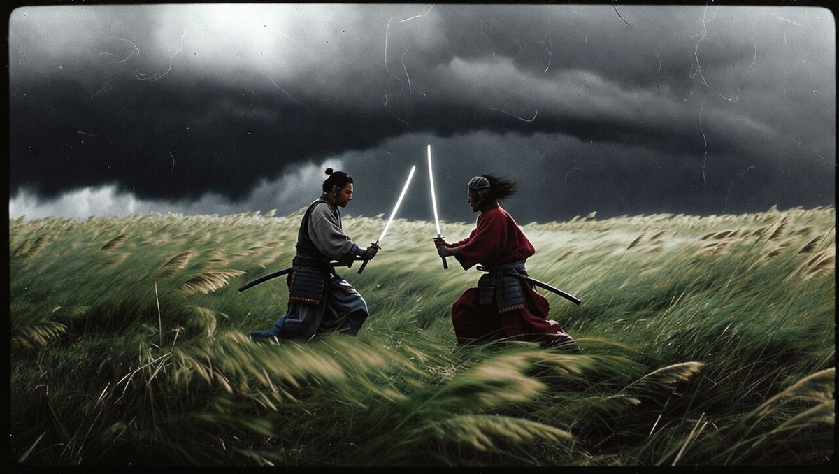 超高速动作场面。手持晃动的镜头跟随左侧的武士向前冲刺。运动模糊。刀剑相击,迸发出爆炸般的火花与紫色奥术闪电效果。冲击波将草地压平。碎片向镜头飞…, 图片 1