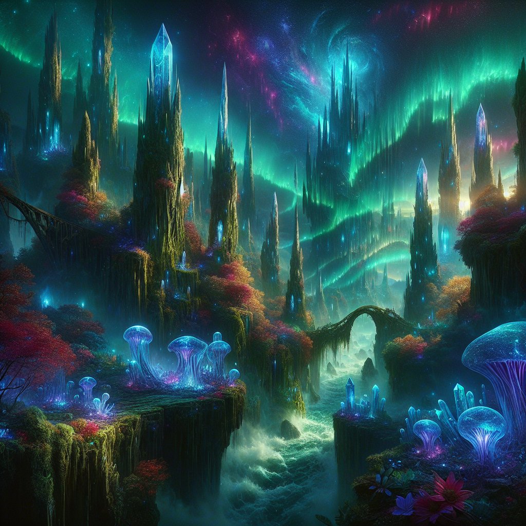 一幅令人叹为观止的奇幻景观在暮色中徐徐展开，位于一座古老而充满魔法的山谷之中。那里高耸的水晶尖塔刺破由深靛蓝与翠绿极光交织而成的旋涡状天幕………, 图片 1