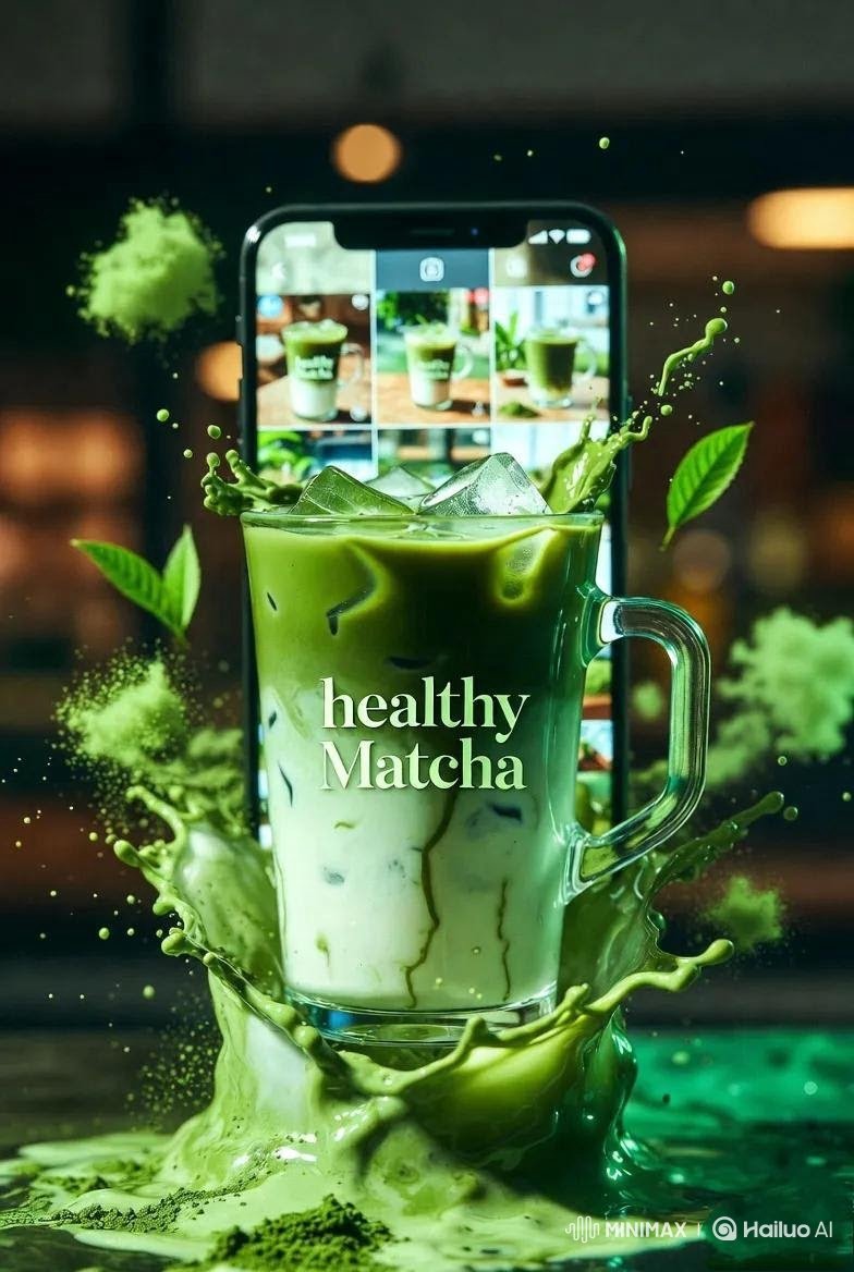 高端商业产品摄影:标注有"healthy Matcha"的冰抹茶拿铁,盛放在透明玻璃/塑料杯中,绵密牛奶与浓郁绿色抹茶交融,戏剧性的液体飞溅定…, 图片 1