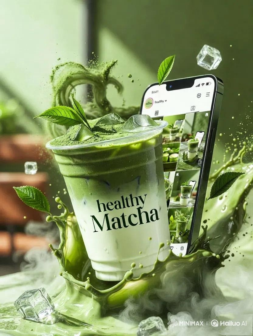 高端商业产品摄影:标注有"healthy Matcha"的冰抹茶拿铁,盛放在透明玻璃/塑料杯中,绵密牛奶与浓郁绿色抹茶交融,戏剧性的液体飞溅定…, 图片 2