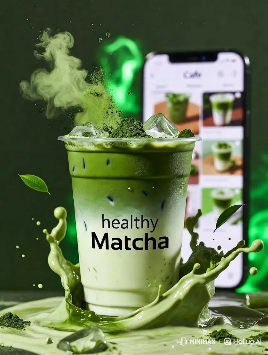 高端商业产品摄影:标注有"healthy Matcha"的冰抹茶拿铁,盛放在透明玻璃/塑料杯中,绵密牛奶与浓郁绿色抹茶交融,戏剧性的液体飞溅定…, 图片 3