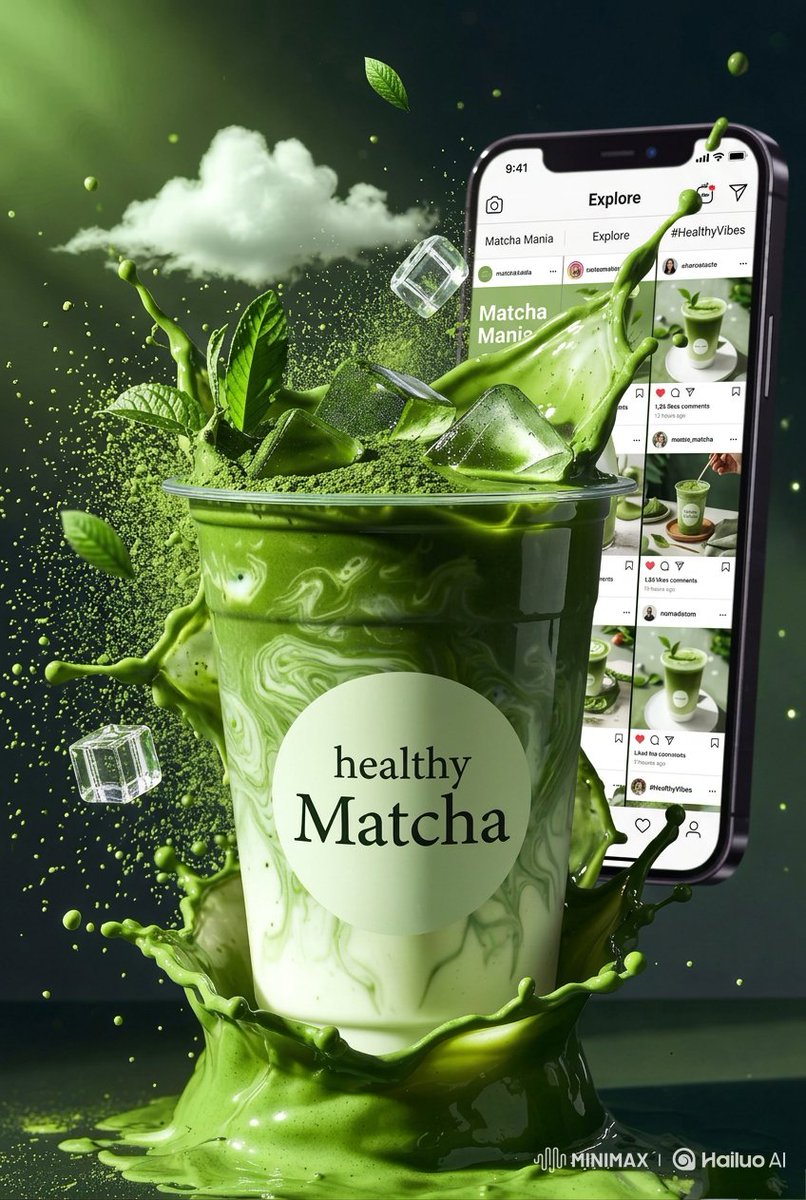 高端商业产品摄影:标注有"healthy Matcha"的冰抹茶拿铁,盛放在透明玻璃/塑料杯中,绵密牛奶与浓郁绿色抹茶交融,戏剧性的液体飞溅定…, 图片 4