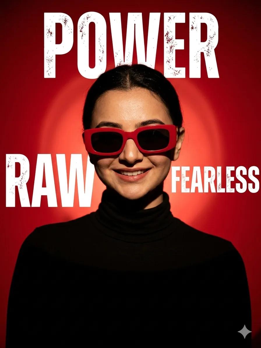 超写实工作室人像:一位自信的年轻女性,佩戴时尚橙色太阳镜,身穿黑色高领毛衣,居中构图,暖橙色渐变背景,柔和电影感光线,清晰面部细节,自然皮肤纹…, 图片 1