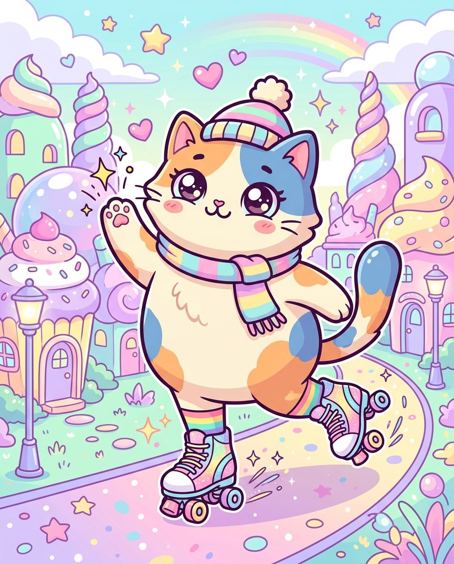 穿着旱冰鞋的猫，波普超现实主义卡哇伊插画风格，干净的矢量线条，鲜明的平涂色彩，超可爱且充满奇思妙想的氛围，全身人物位于画面中心，动态滑冰姿势，…, 图片 1