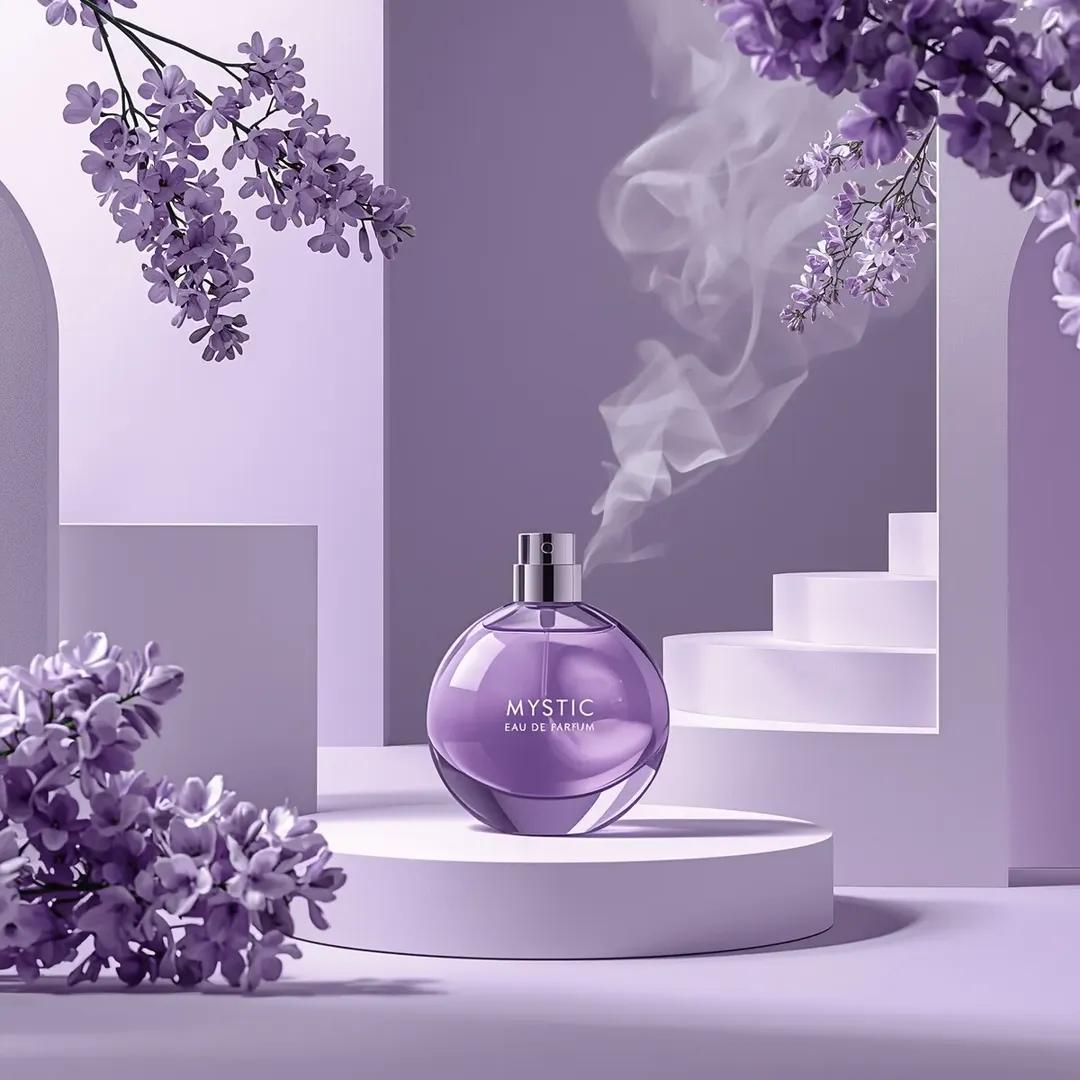 超写实商业产品摄影：“Mystic Eau De Parfum”香水瓶，瓶内装有半透明紫色液体，圆形玻璃瓶居中放置在柔和的淡彩色表面上，金属瓶…, 图片 1