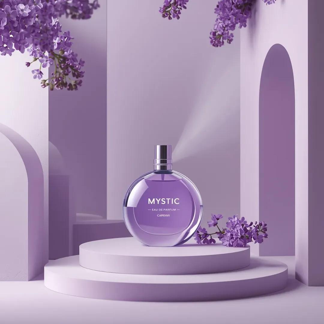 超写实商业产品摄影：“Mystic Eau De Parfum”香水瓶，瓶内装有半透明紫色液体，圆形玻璃瓶居中放置在柔和的淡彩色表面上，金属瓶…, 图片 2