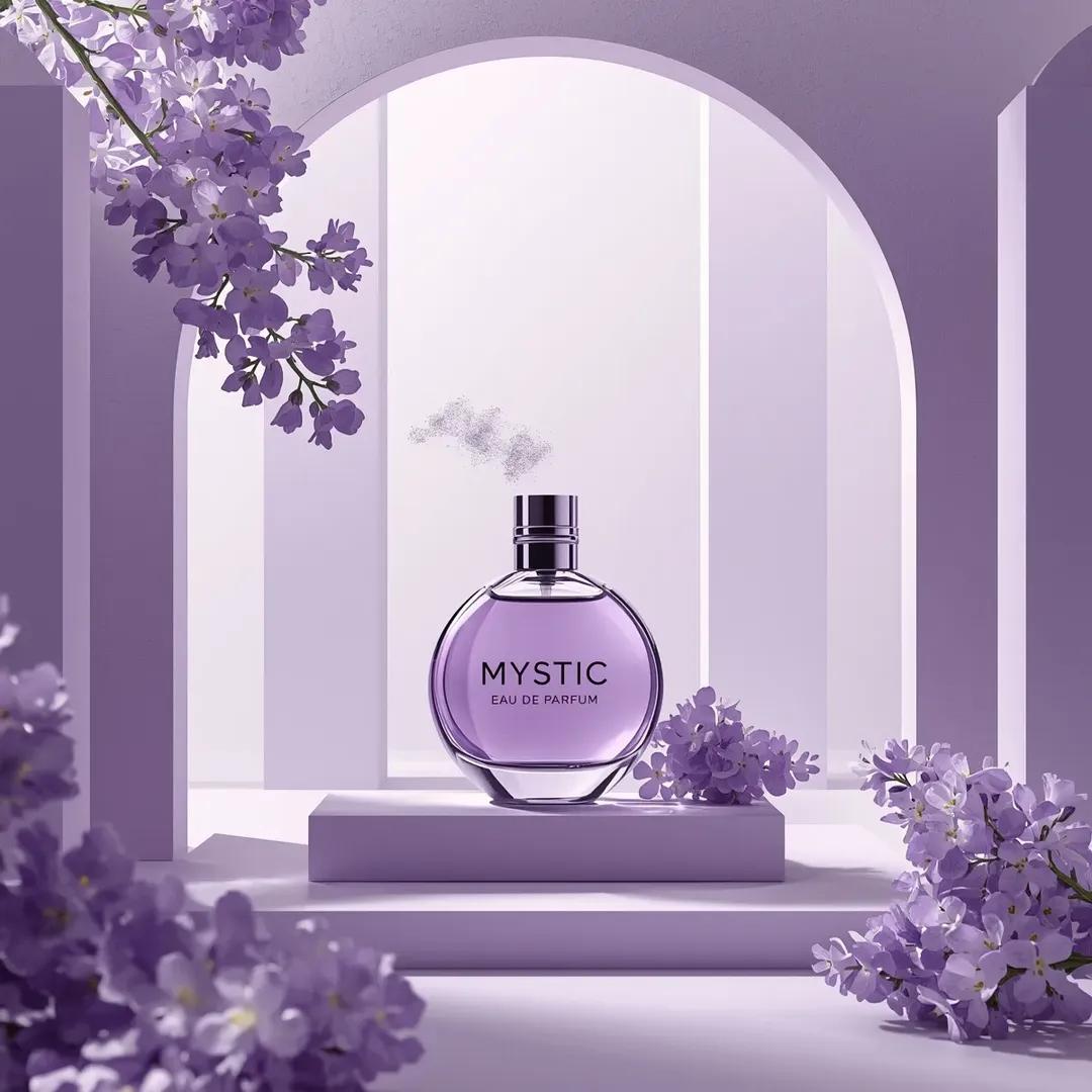 超写实商业产品摄影：“Mystic Eau De Parfum”香水瓶，瓶内装有半透明紫色液体，圆形玻璃瓶居中放置在柔和的淡彩色表面上，金属瓶…, 图片 3