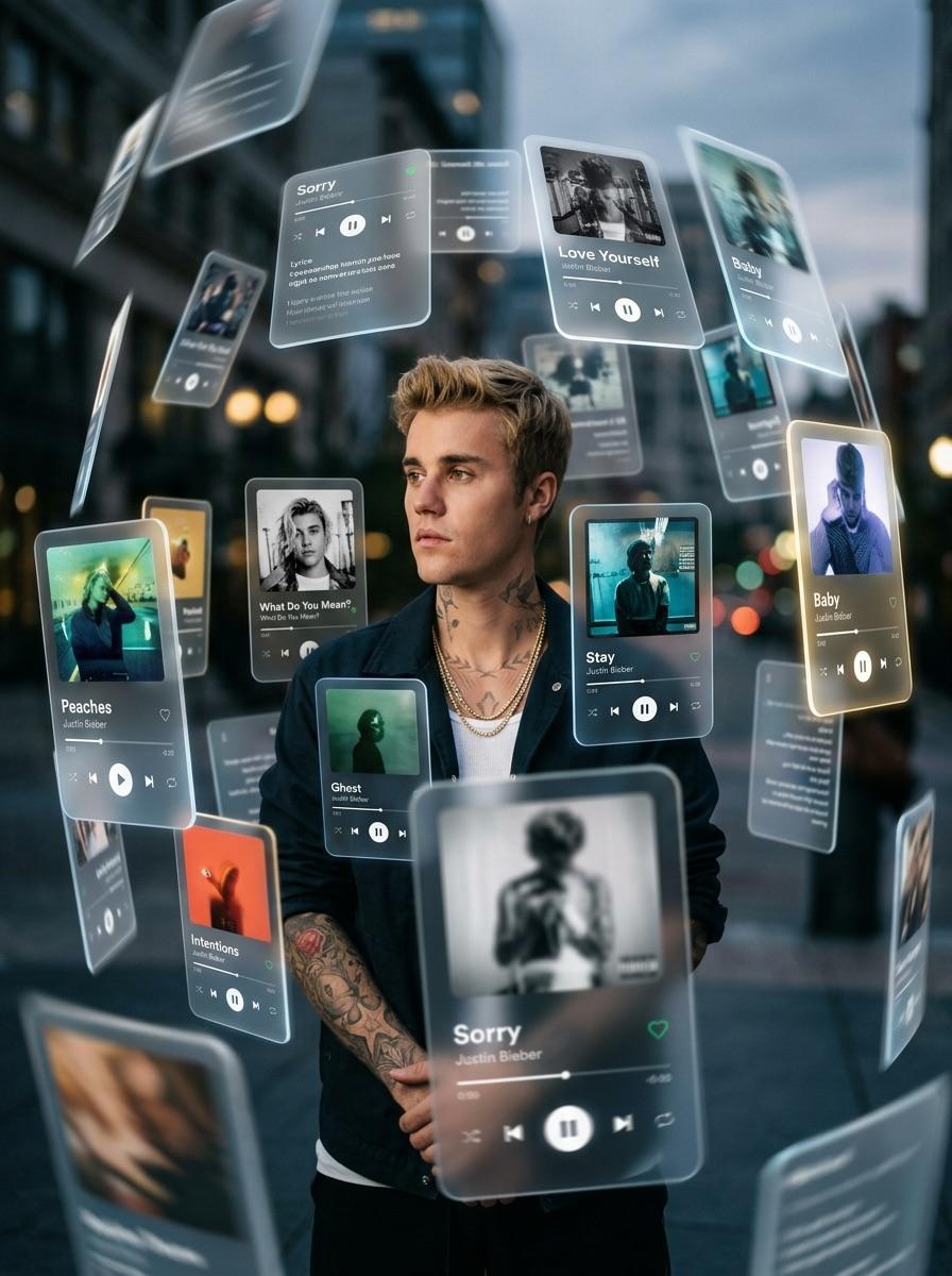 众多 3D Spotify 和 Apple Music 界面卡片以不同深度环绕 Drake 公转。, 图片 1