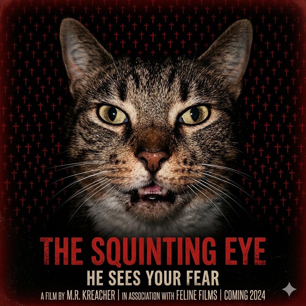 把我的猫改成一张恐怖电影海报,背景中有红色小心心 ❤️。我也会去看的, 图片 1