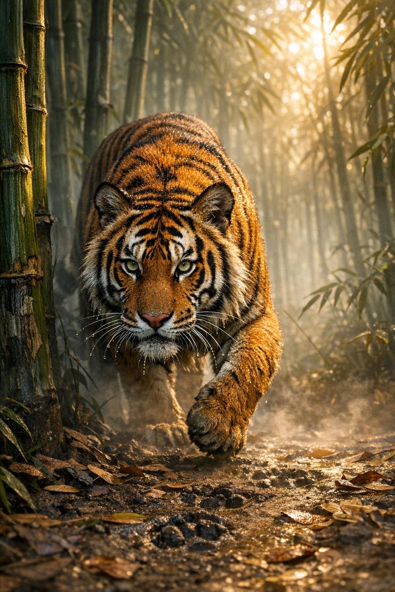 一张照片级真实感的图像:一只雄伟的孟加拉虎在印度孙德尔本斯黎明薄雾笼罩的竹林中悄然潜行,它那光滑的橙色皮毛上有着精致的黑色…更多内容请参阅替代…, 图片 1