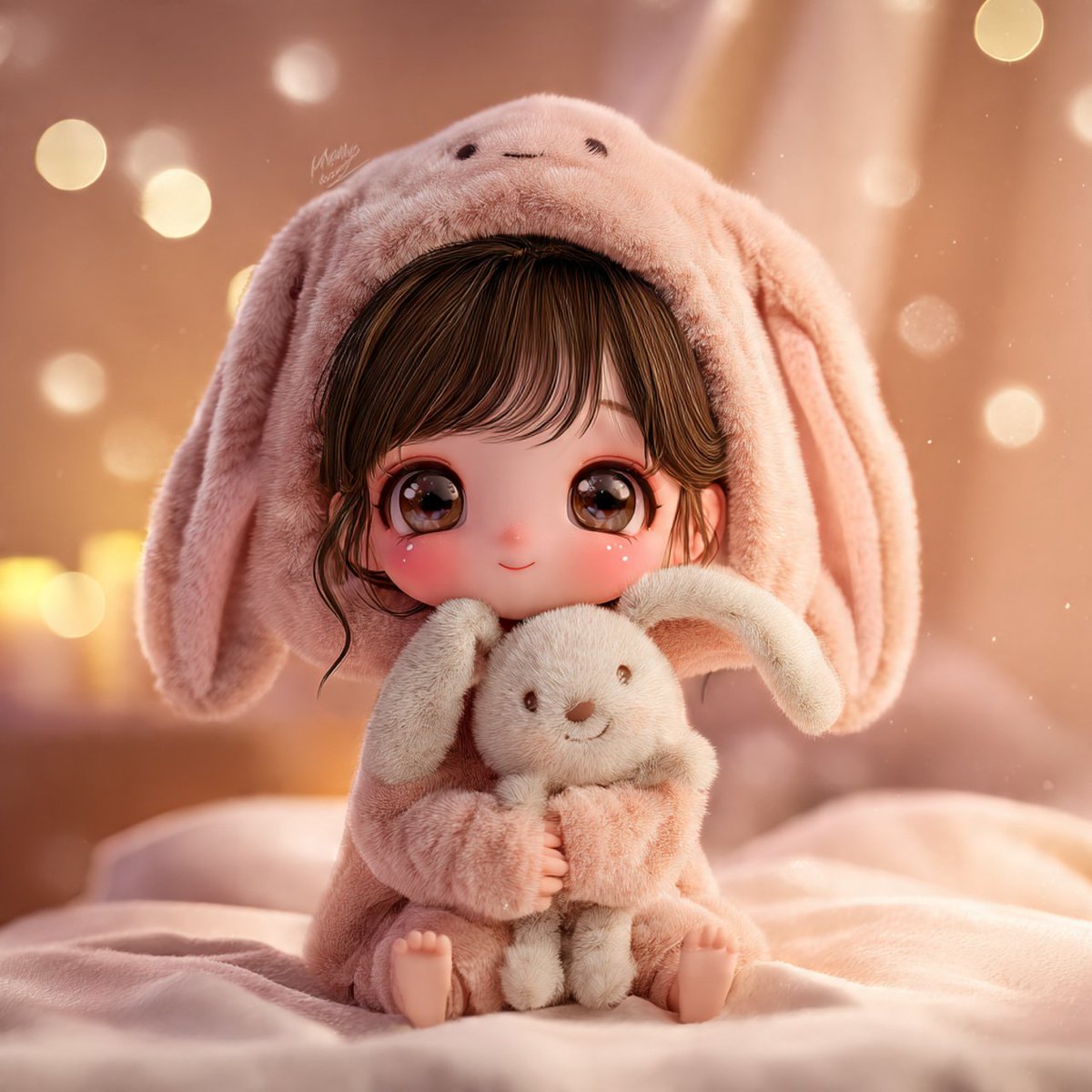 可爱的Q版(chibi)女孩穿着宽松的兔子睡衣,垂着软趴趴的长耳朵,抱着一只毛绒玩具,坐在柔软的床上,温暖舒适的光线,眼睛大而有光泽,柔和的粉…, 图片 1