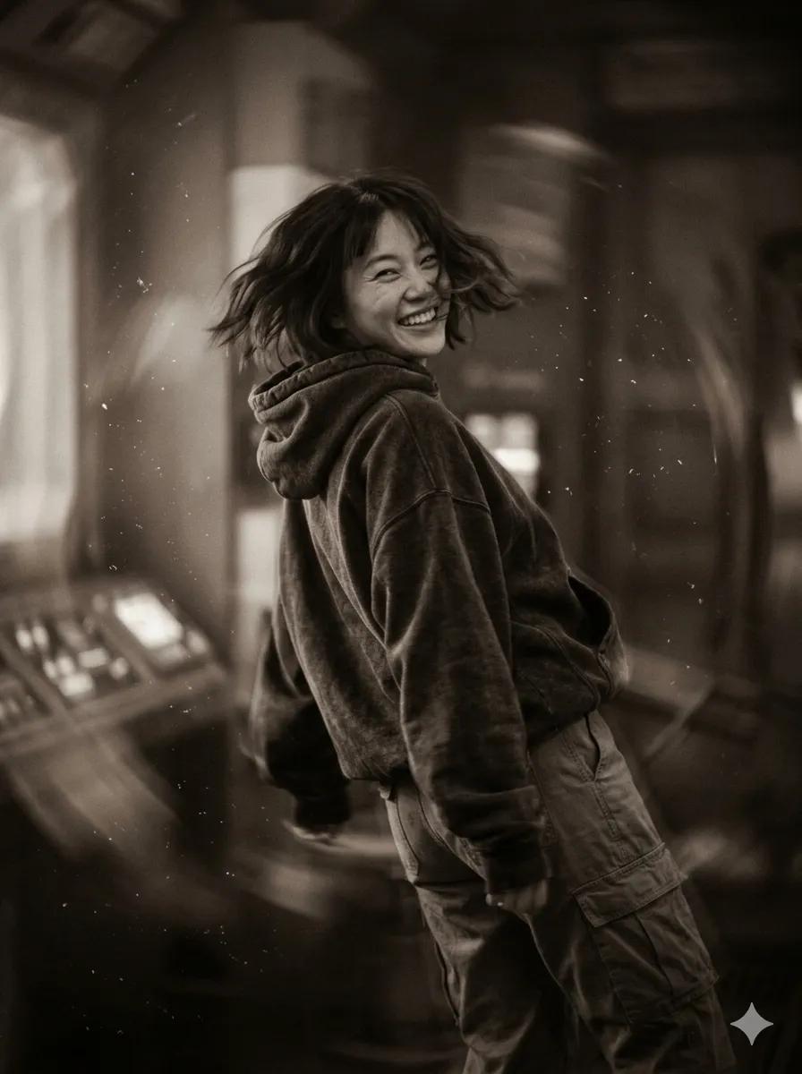一张电影感 candid 人像:一位留着凌乱短波波头的亚洲女性在零重力中漂浮,转头朝向镜头,笑容灿烂,神情欢快无忧无虑。她的头发在脸庞周围自由…, 图片 1