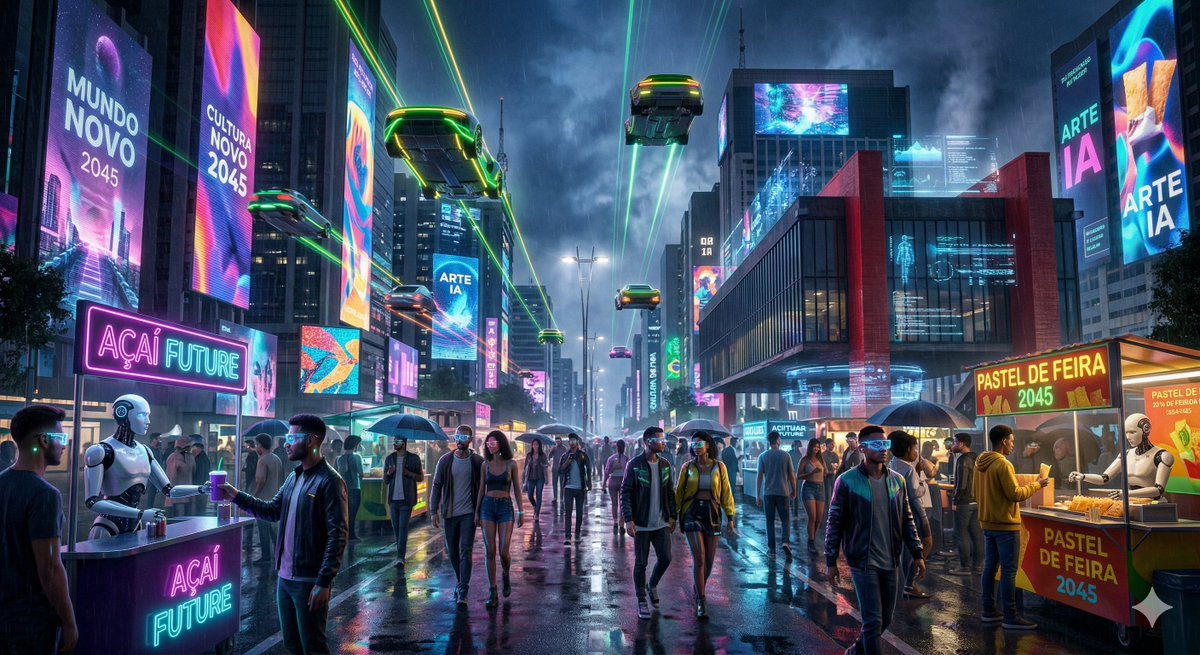 2045年夜晚保利斯塔大道的超写实景象,充满希望的巴西赛博朋克风格,摩天大楼带有全息LED外立面展示AI生成的艺术,电动飞行汽车配有绿黄色霓虹…, 图片 1
