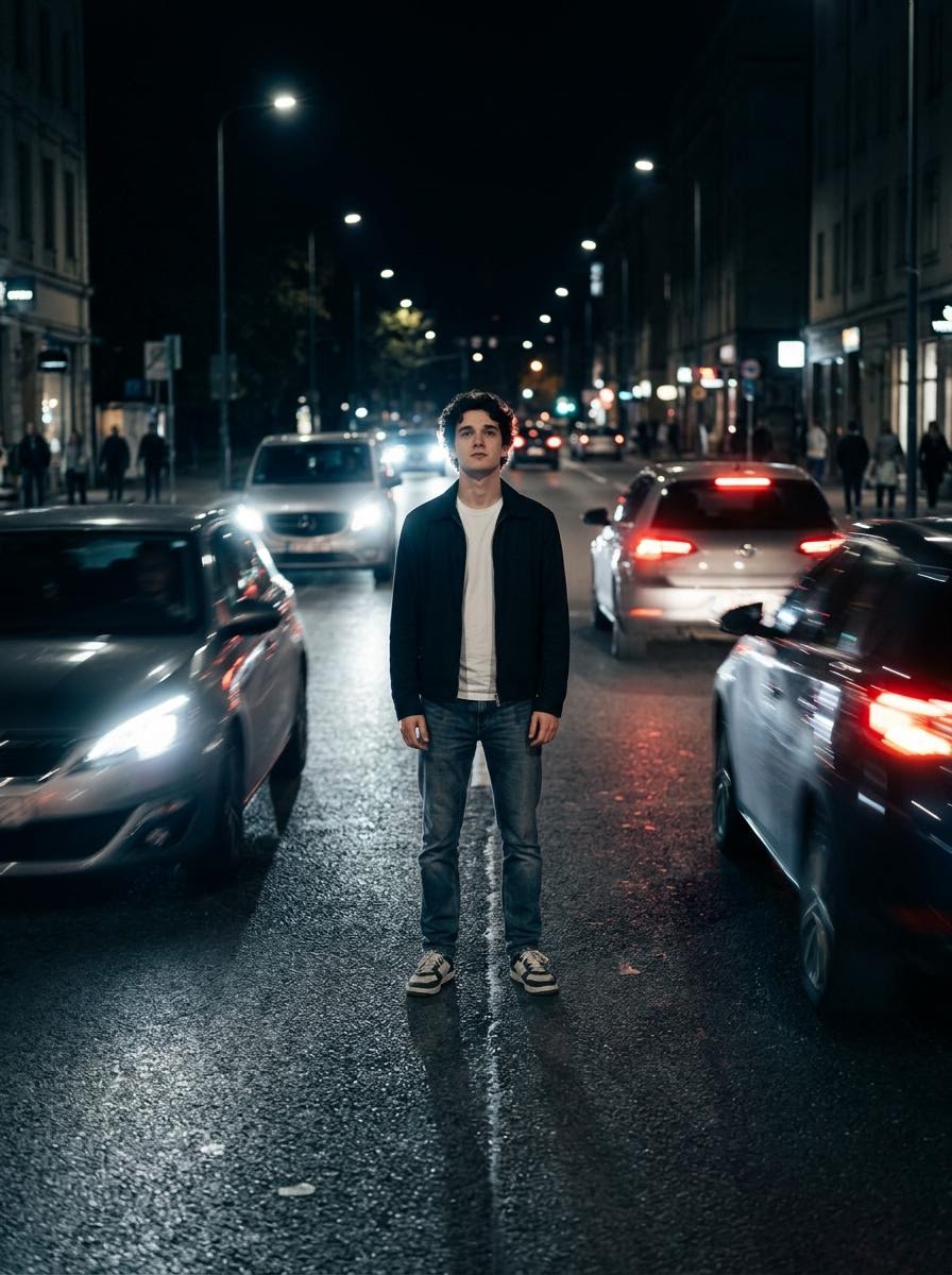 使用上传图像中的人脸,生成一张真实感的人物照片。人物站在夜晚的道路中央,神情平静而自信。两侧车辆高速驶过,在人物周围形成动态模糊和光轨。人物静…, 图片 1