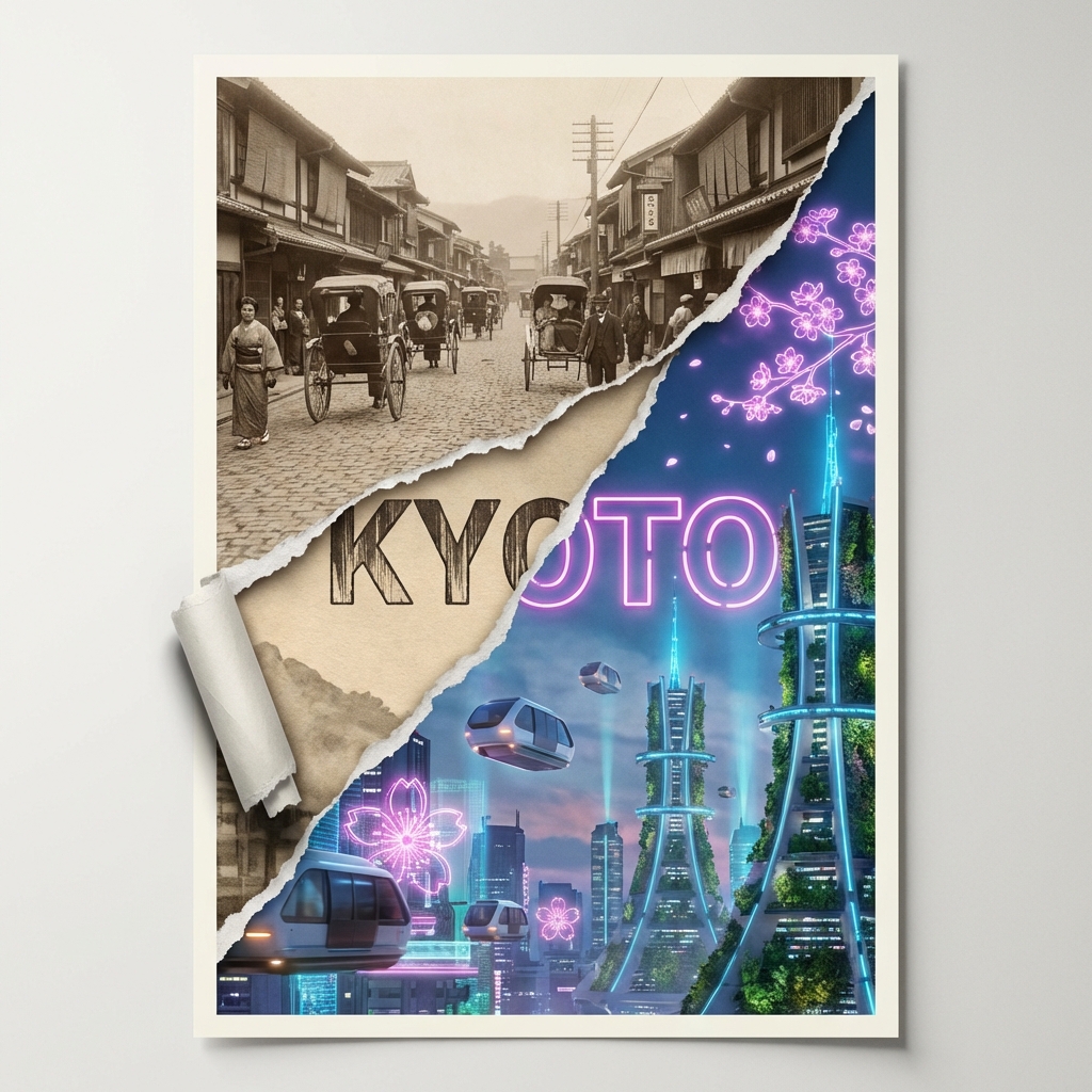 创作一张[2:3]比例的海报，画面中央呈对角线撕开，露出京都两个截然不同的时代。左上方的撕裂层呈现1920年代的京都，配以棕褐色调的街道、复古…, 图片 1