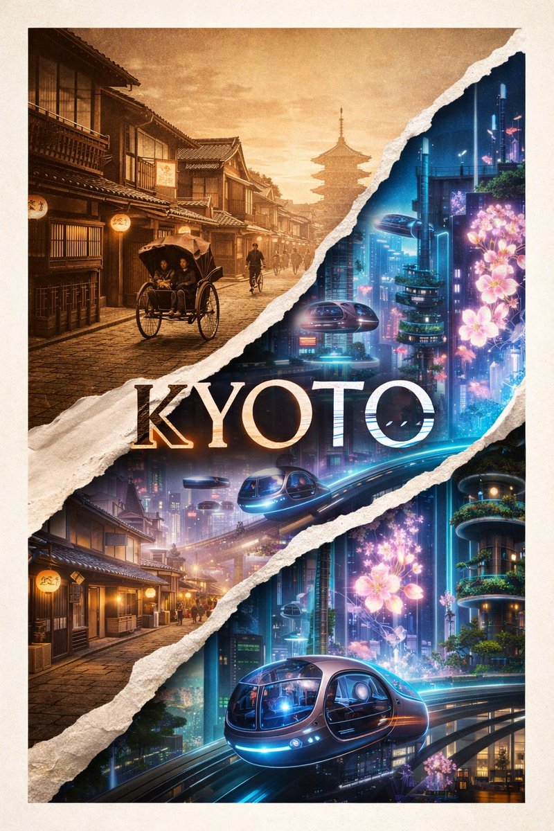 创作一张[2:3]比例的海报，画面中央呈对角线撕开，露出京都两个截然不同的时代。左上方的撕裂层呈现1920年代的京都，配以棕褐色调的街道、复古…, 图片 2