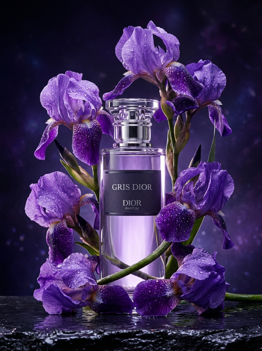 画面中央是一瓶奢华的"Gris Dior"香水,被盛开的紫色鸢尾花簇拥着。柔软的天鹅绒花瓣上点缀着晶莹的水珠,在玻璃瓶前后交织缠绕。https…, 图片 1