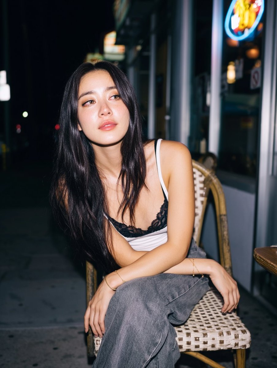 一张夜晚街头的随性人像照,一位年轻女性随意地坐在一家小型都市餐厅外的藤编咖啡椅上。她有一头黑色长发,妆容自然且泛着柔和光泽,身穿白色背心内搭黑…, 图片 1