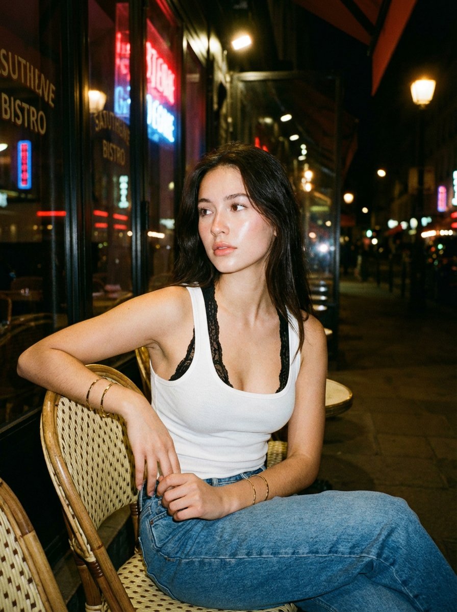 一张夜晚街头的随性人像照,一位年轻女性随意地坐在一家小型都市餐厅外的藤编咖啡椅上。她有一头黑色长发,妆容自然且泛着柔和光泽,身穿白色背心内搭黑…, 图片 2